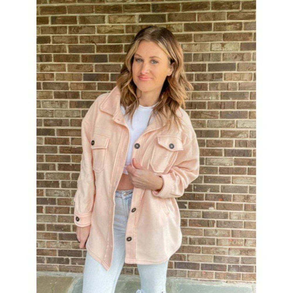 Zenana All About the Fleece Button-Down Shacket in Light Peach S-L QJ-4000Y
